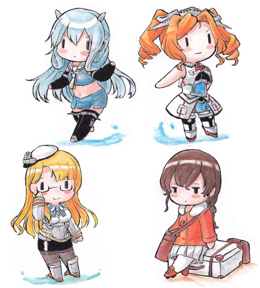 4girls, bag, black_legwear, black_skirt, blonde_hair, blue_dress, blue_eyes, blue_skirt