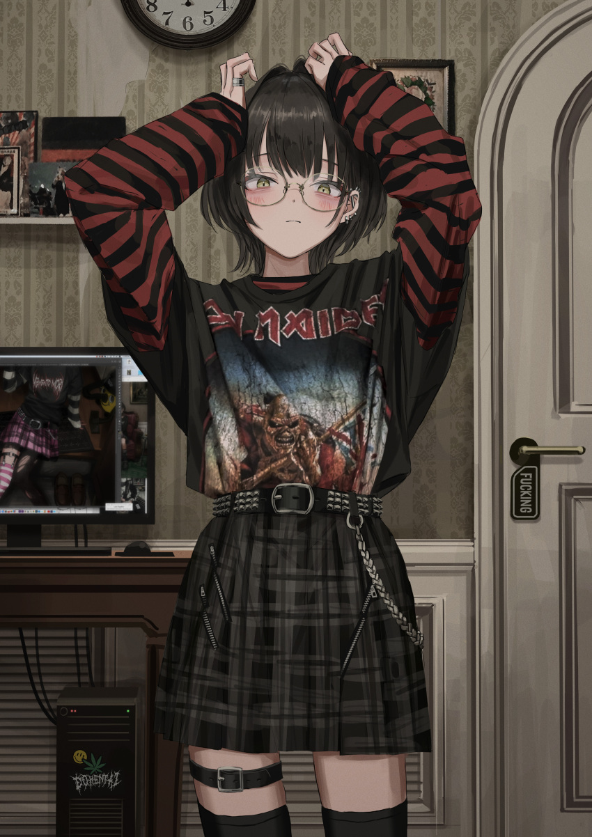 1girl, absurdres, belt, black_belt, black_hair, black_legwear, blush, closed_mouth