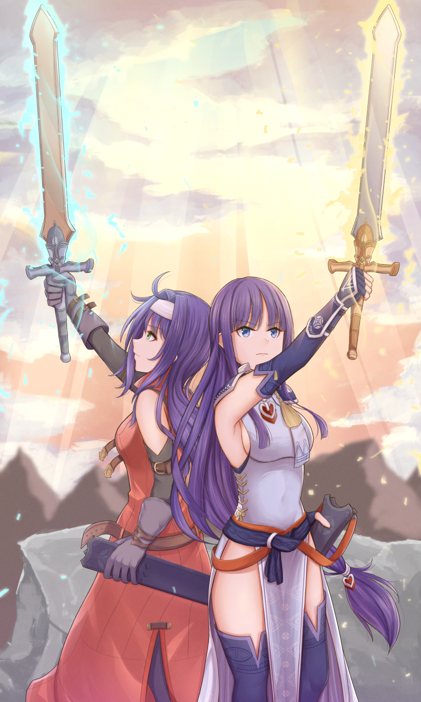 2girls, absurdres, alondite, altina, atorie, back-to-back, bare_shoulders, blue_eyes