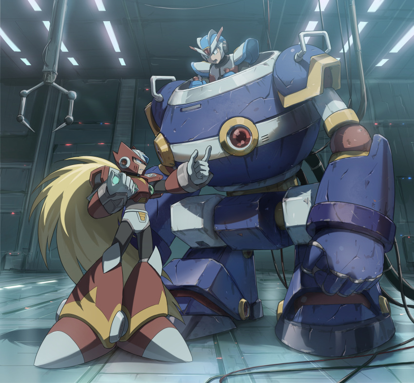 2boys, absurdres, alternate_costume, alternate_form, android, armor, blonde_hair, blue_eyes