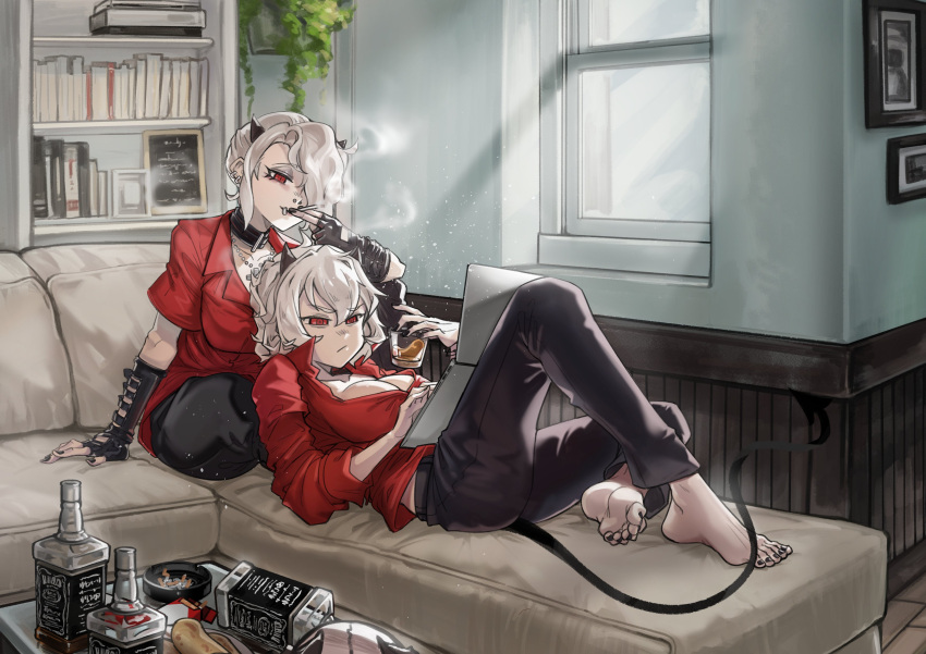 2girls, absurdres, alcohol, ashtray, barefoot, black_nails, black_pants, bob_cut