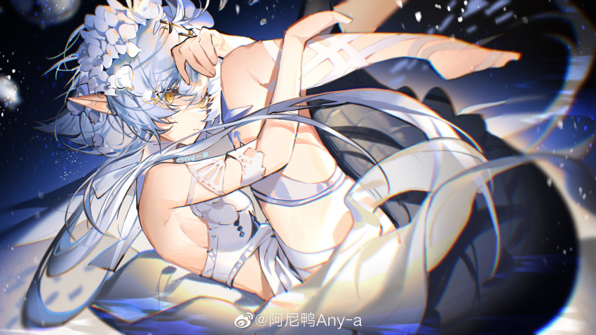 1girl, absurdres, aniao_ya, arknights, bangs, crocodilian_tail, dress, flower