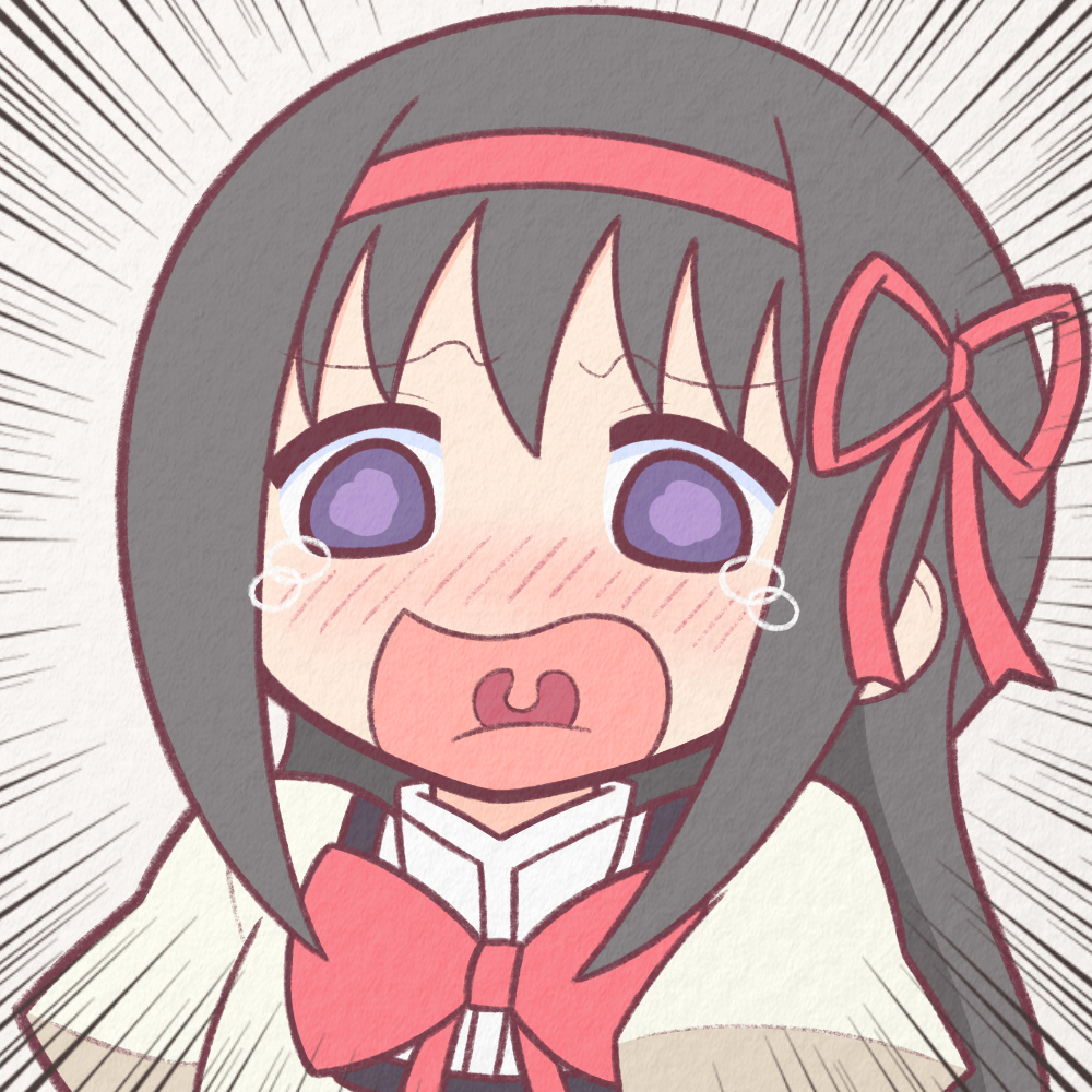 1girl, akemi_homura, black_hair, blush, bow, bowtie, commentary_request, eyebrows_visible_through_hair