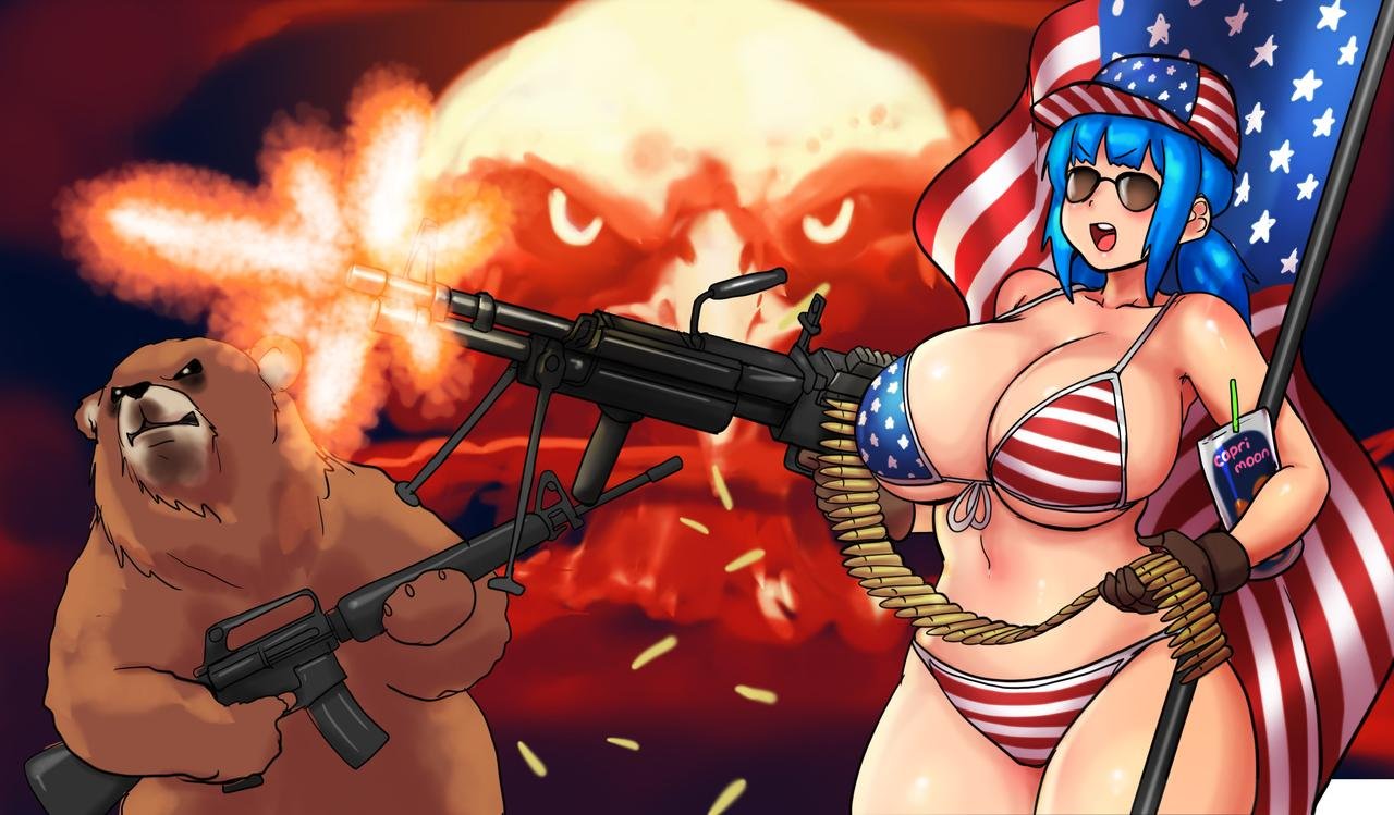 1girl, alternate_hairstyle, american_flag, american_flag_bikini, animal, ar-15, assault_rifle, bald_eagle