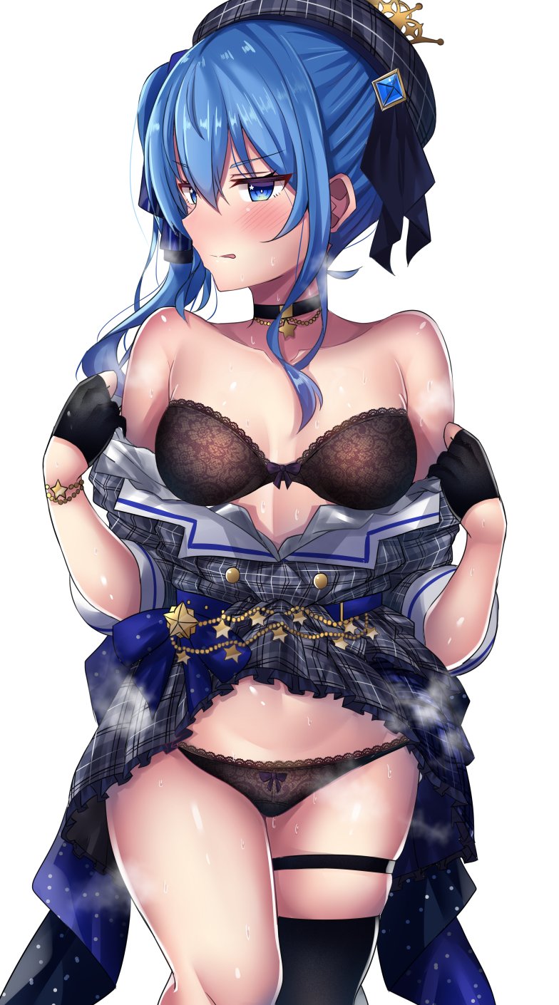 1girl, beret, black_bra, black_gloves, black_legwear, black_panties, blue_eyes, blue_hair