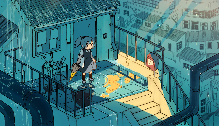 1girl, black_dress, blue_hair, building, canalbooks1125, door, dress, grey_footwear, highres, holding, holding_umbrella, long_hair, no_nose, original, ponytail, reflection, ripples, short_sleeves, solo, stairs, umbrella, water, window, yellow_umbrella