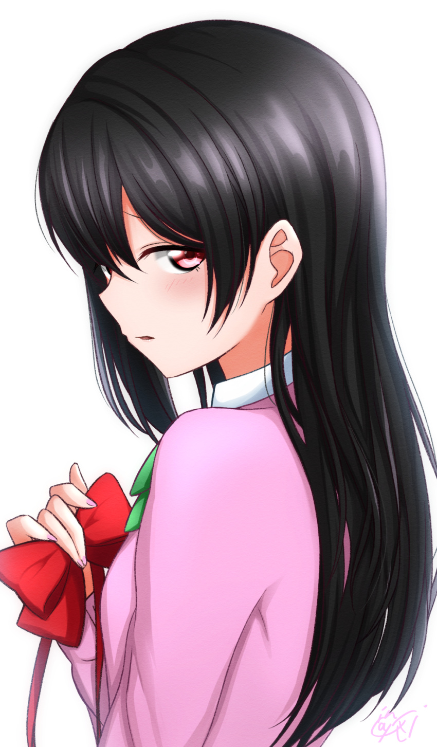 1girl, black_hair, bow, bowtie, hair_between_eyes, highres, holding_neckwear, long_hair