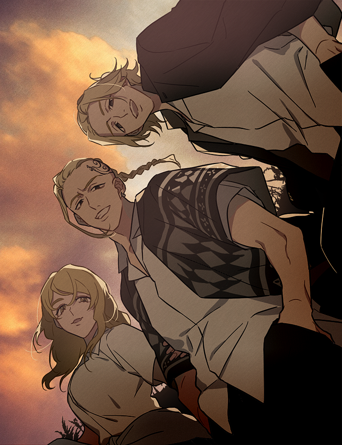 1girl, 2boys, :d, bangs, black_eyes, black_jacket, black_pants, blonde_hair