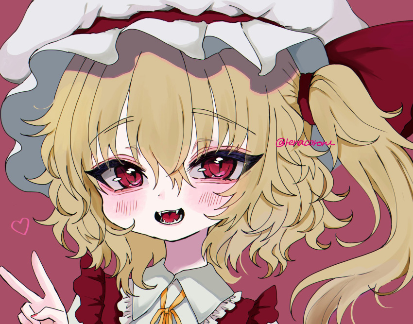 1girl, :d, bangs, eyebrows_visible_through_hair, flandre_scarlet, hat, hat_ribbon, heart