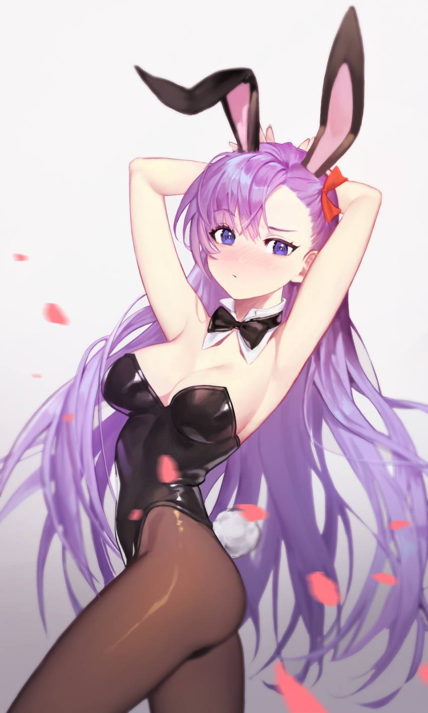 1girl, absurdres, animal_ears, arm_behind_head, arms_up, black_legwear, blush, breasts, bunny_tail, extra_ears, fake_animal_ears, fake_tail, fate/grand_order, fate_(series), hair_ribbon, highres, long_hair, looking_at_viewer, meltryllis_(fate), petals, playboy_bunny, purple_hair, rabbit_ears, ribbon, simple_background, solo, sugarhigh, tail, thigh-highs, violet_eyes, white_background