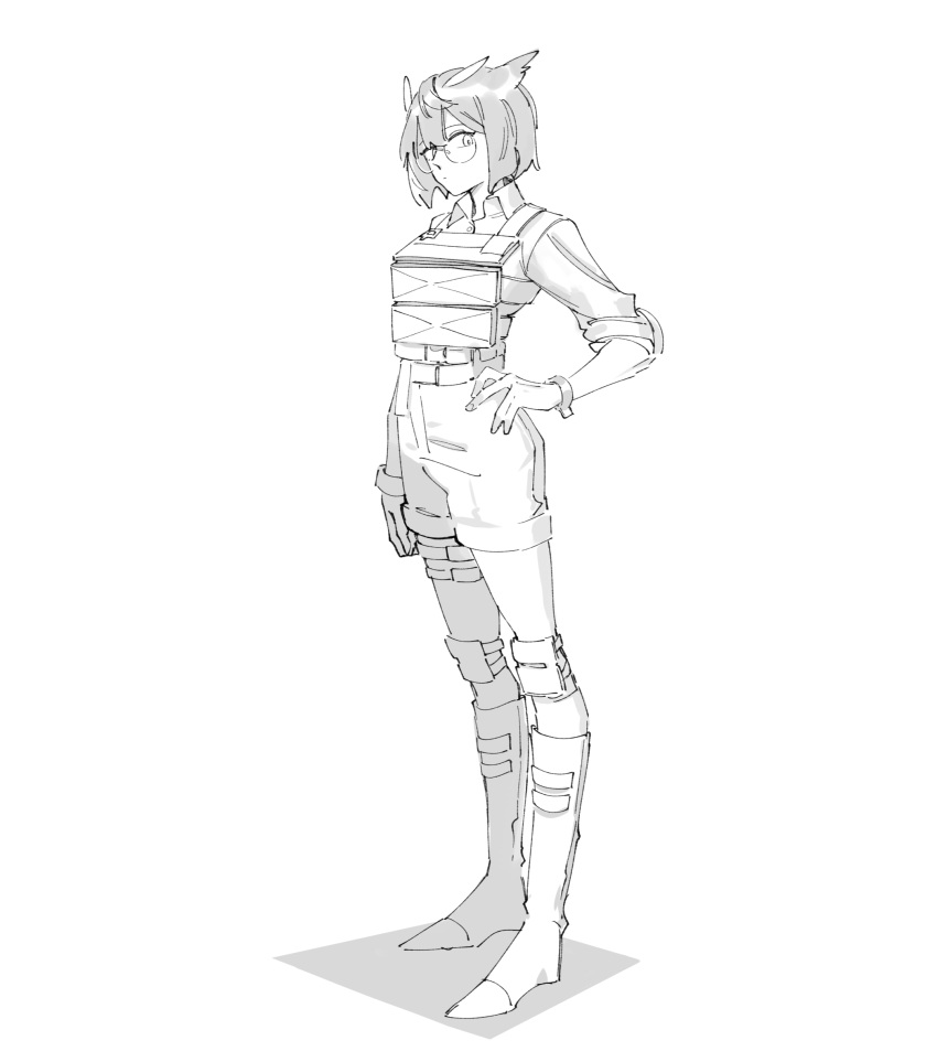1girl, arknights, boots, commentary, cosplay, full_body, greyscale, hand_on_hip, highres, knee_pads, looking_at_viewer, monochrome, official_alternate_costume, owl_ears, saria_(arknights), saria_(arknights)_(cosplay), saria_(the_law)_(arknights), saria_(the_law)_(arknights)_(cosplay), semi-rimless_eyewear, shirt, short_hair, shorts, silence_(arknights), simple_background, solo, standing, thigh_strap, under-rim_eyewear, wristband, zy