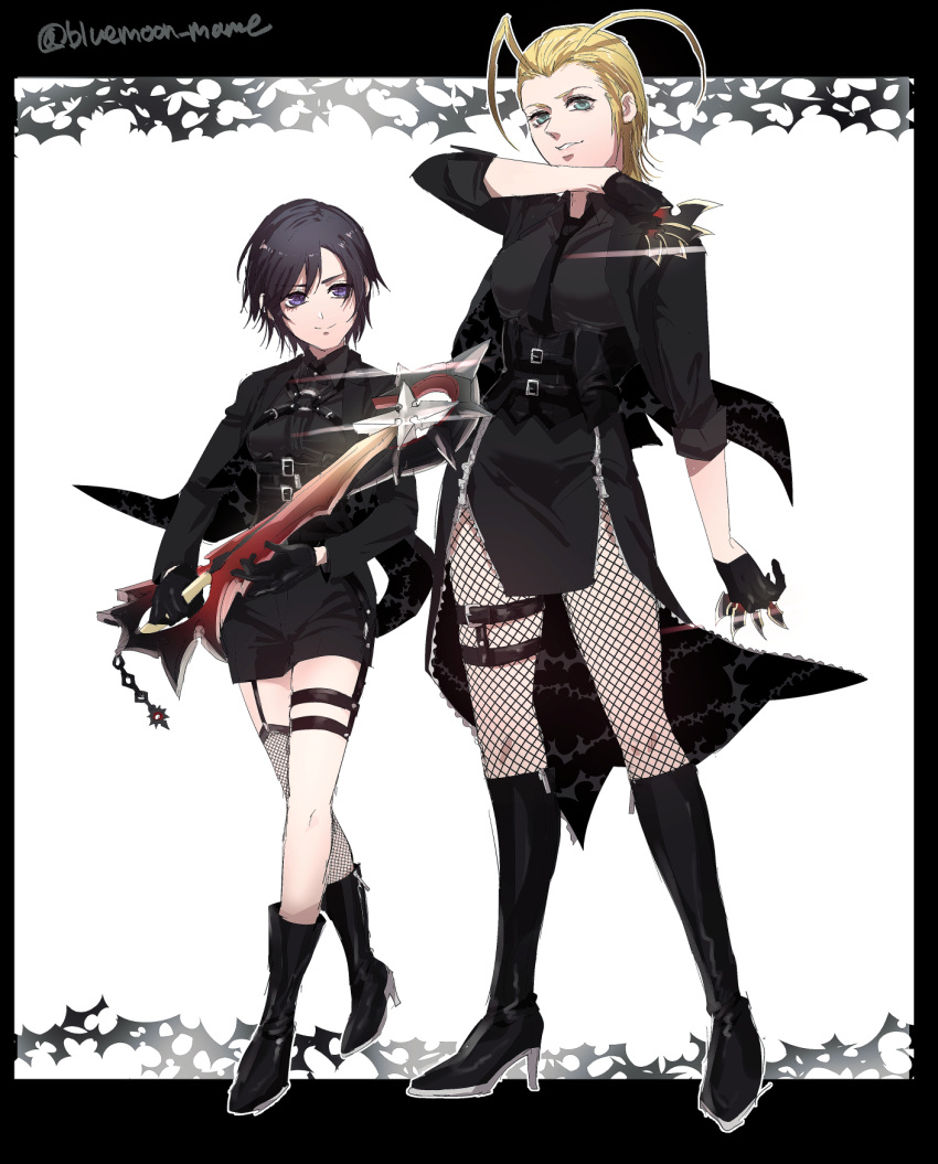 2girls, alternate_costume, antenna_hair, black_gloves, black_hair, blonde_hair, blue_eyes, fishnet_legwear, fishnets, garter_straps, gloves, green_eyes, highres, kanipanman, keyblade, kingdom_hearts, kingdom_hearts_358/2_days, knife, larxene, lens_flare, multiple_girls, organization_xiii, parted_lips, short_hair, single_thighhigh, smile, thigh-highs, thigh_strap, xion_(kingdom_hearts)