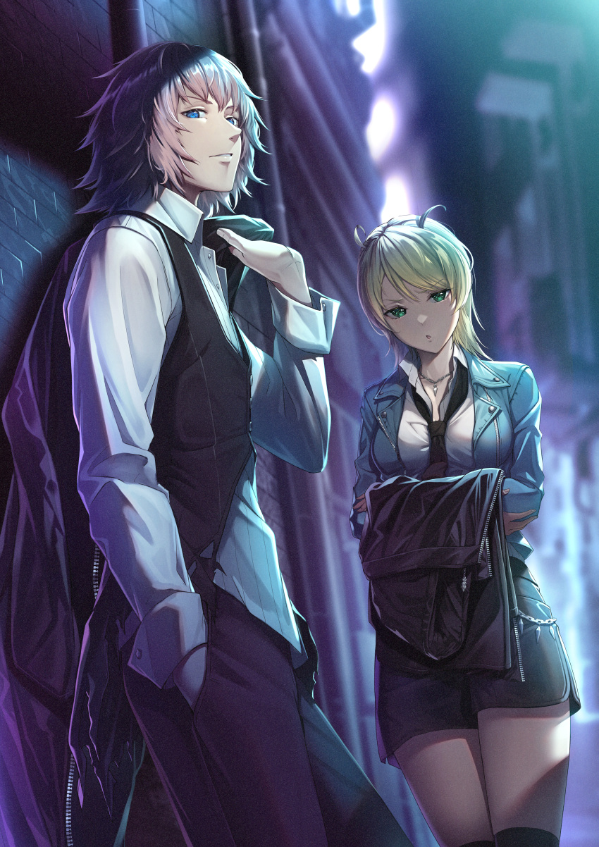 1boy, 1girl, absurdres, against_wall, antenna_hair, black_coat_(kingdom_hearts), blonde_hair, blurry