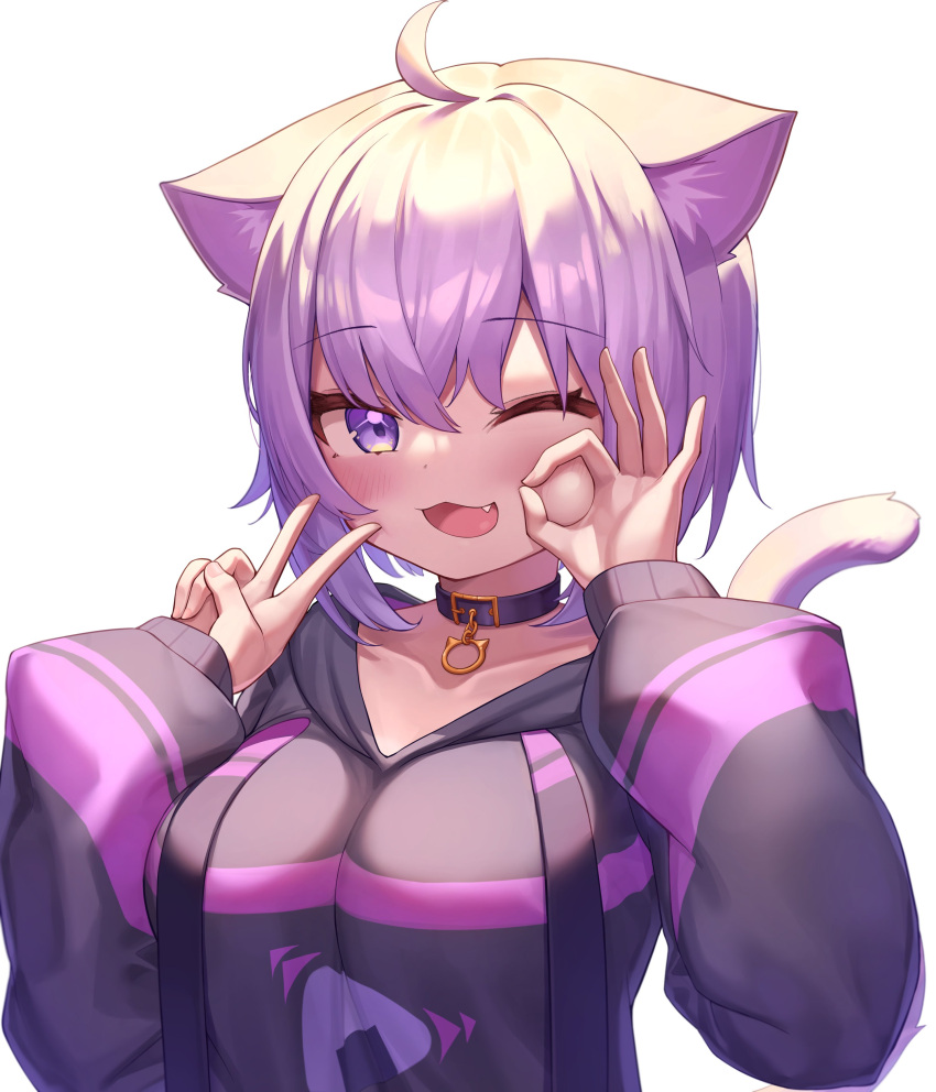 1girl, ;d, absurdres, ahoge, animal_ears, bangs, black_hoodie, blush