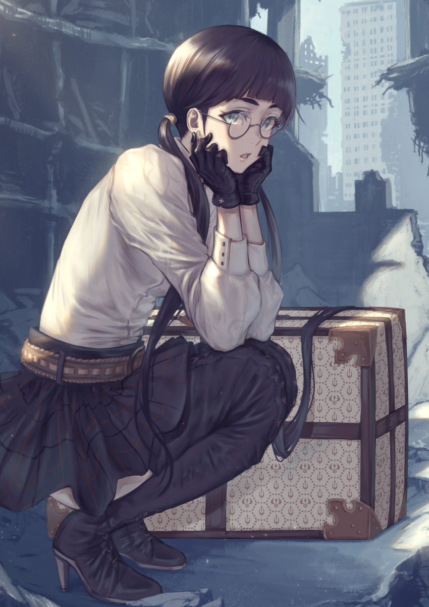 1girl, absurdres, accord, bangs, belt, black_legwear, black_skirt, boots