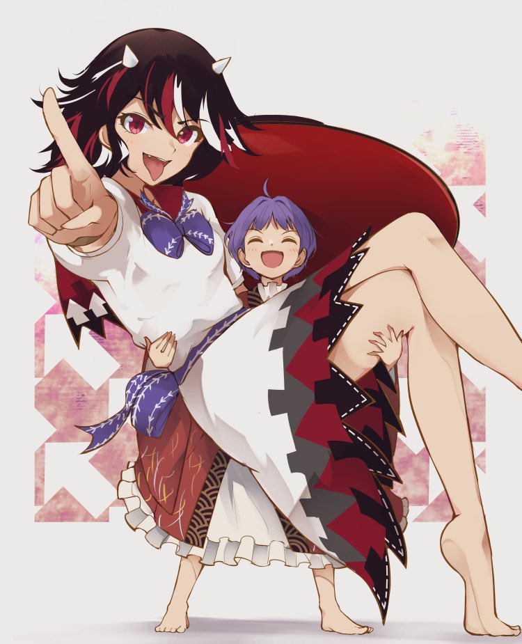 13-gou, 2girls, ahoge, bangs, barefoot, blue_bow, bow, carrying, closed_eyes, dress, fang, happy, holding, horns, japanese_clothes, kijin_seija, kimono, multicolored_hair, multiple_girls, open_mouth, pointing, princess_carry, puffy_short_sleeves, puffy_sleeves, purple_hair, red_eyes, short_hair, short_sleeves, size_difference, smile, streaked_hair, sukuna_shinmyoumaru, tongue, tongue_out, touhou, white_dress