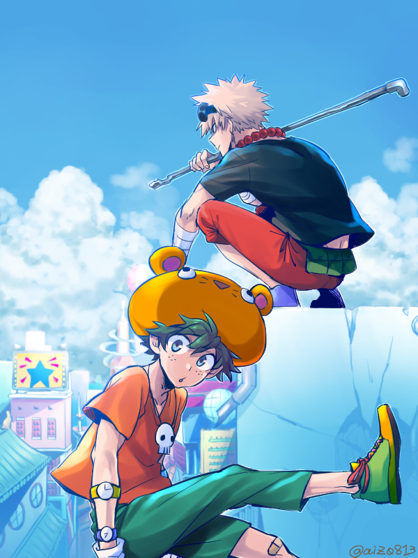 2boys, alternate_costume, bakugou_katsuki, bandaged_arm, bandages, bangs, black_shirt, blue_eyes