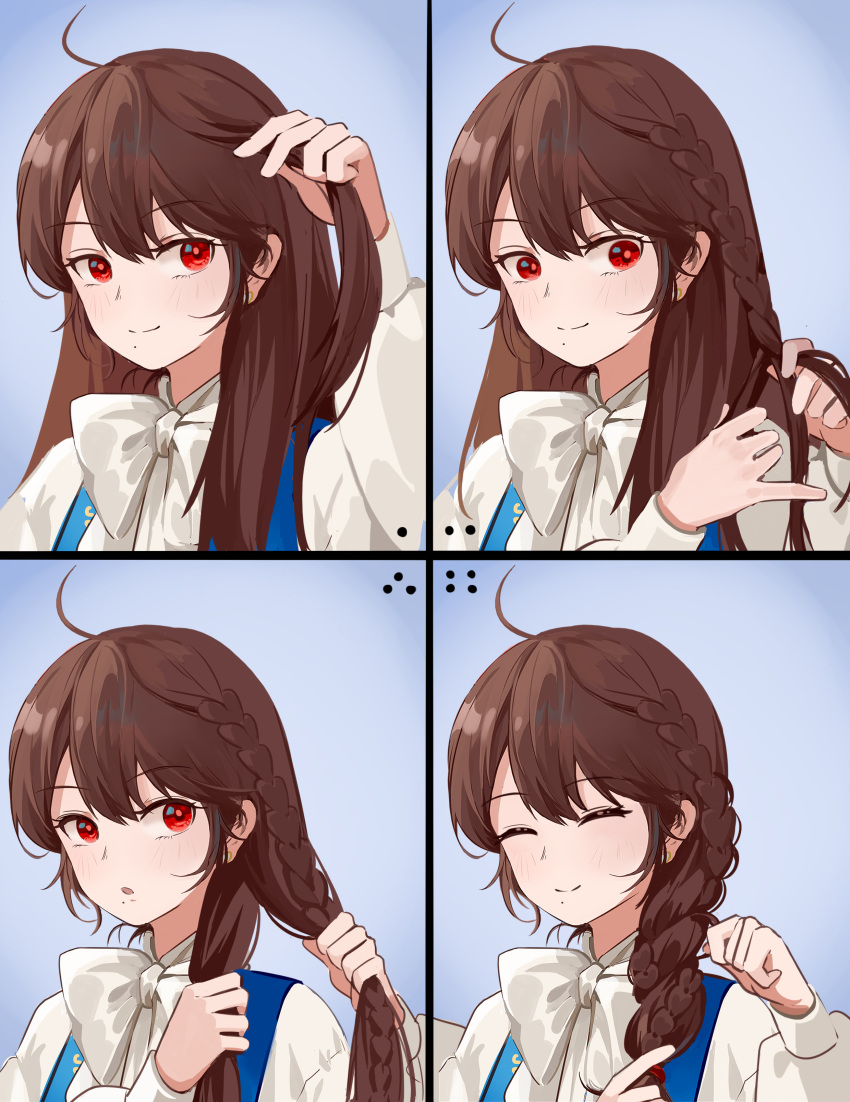 1girl, absurdres, ahoge, asamayuki_ra, braid, braiding_hair, brown_hair, hairdressing