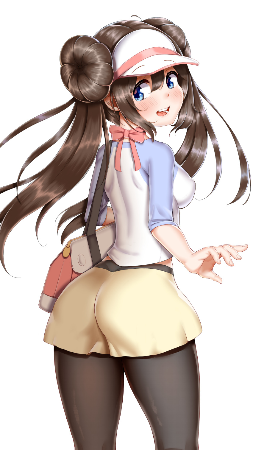 1girl, absurdres, ass, black_legwear, blue_eyes, blush, bow, breasts