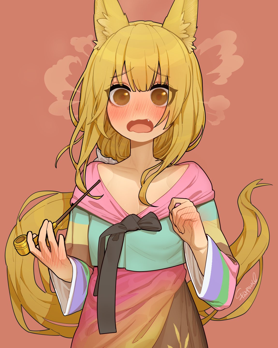 1girl, =3, @_@, animal_ears, blonde_hair, blue_shirt, blush, brown_skirt