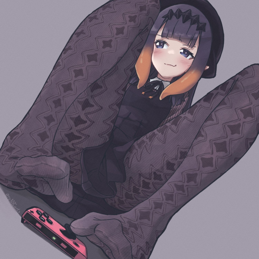 1girl, bangs, blue_eyes, blunt_bangs, blush, dress, eyebrows_visible_through_hair, feet