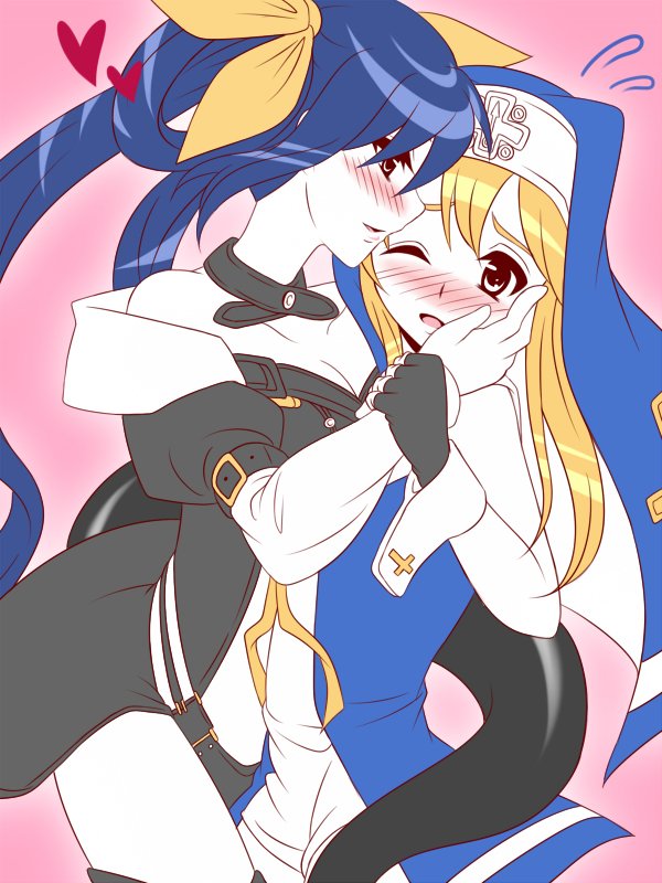 1boy, 1girl, bangs, blonde_hair, blue_hair, blush, bridget_(guilty_gear), choker