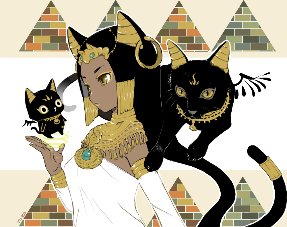 1girl, animal_ears, armlet, bastet, black_cat, black_hair, bracelet, cat