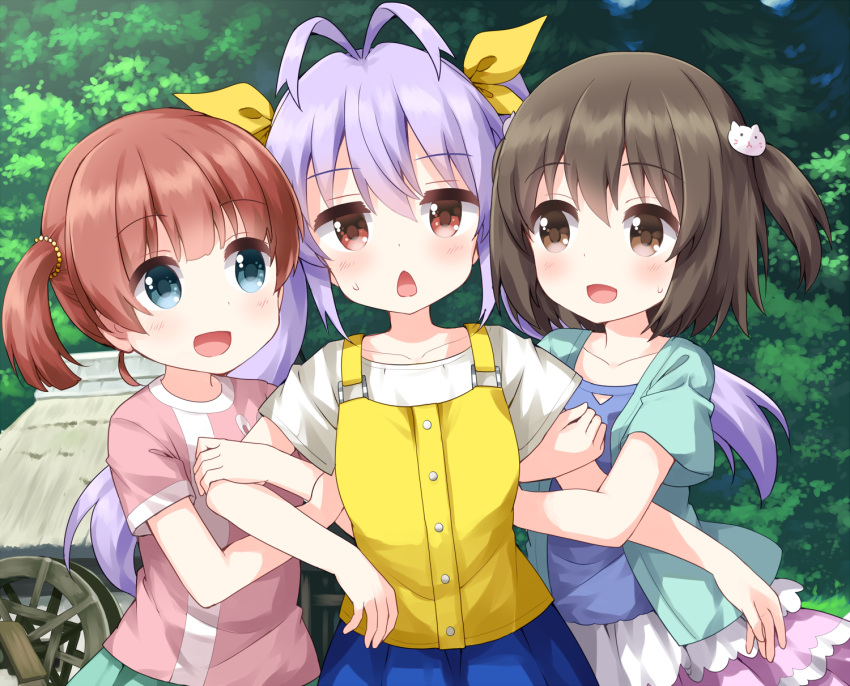 3girls, :d, antenna_hair, arm_hug, blue_eyes, blue_jacket, blue_shirt, blue_skirt, blush, brown_eyes, brown_hair, cat_hair_ornament, commentary_request, day, girl_sandwich, green_skirt, hair_ornament, hair_ribbon, highres, ishikawa_honoka, jacket, layered_skirt, miyauchi_renge, multiple_girls, non_non_biyori, one_side_up, open_clothes, open_jacket, open_mouth, outdoors, pink_shirt, pink_skirt, pleated_skirt, purple_hair, red_eyes, ribbon, ruu_(tksymkw), sandwiched, shiori_(non_non_biyori), shirt, short_sleeves, short_twintails, skirt, smile, sweat, twintails, vest, watermill, white_shirt, yellow_ribbon, yellow_vest