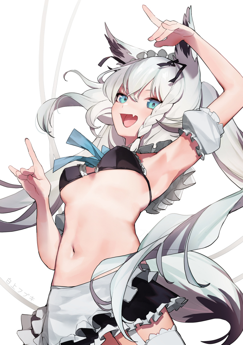 1girl, animal_ears, apron, arm_strap, arm_up, armpits, bangs, bikini