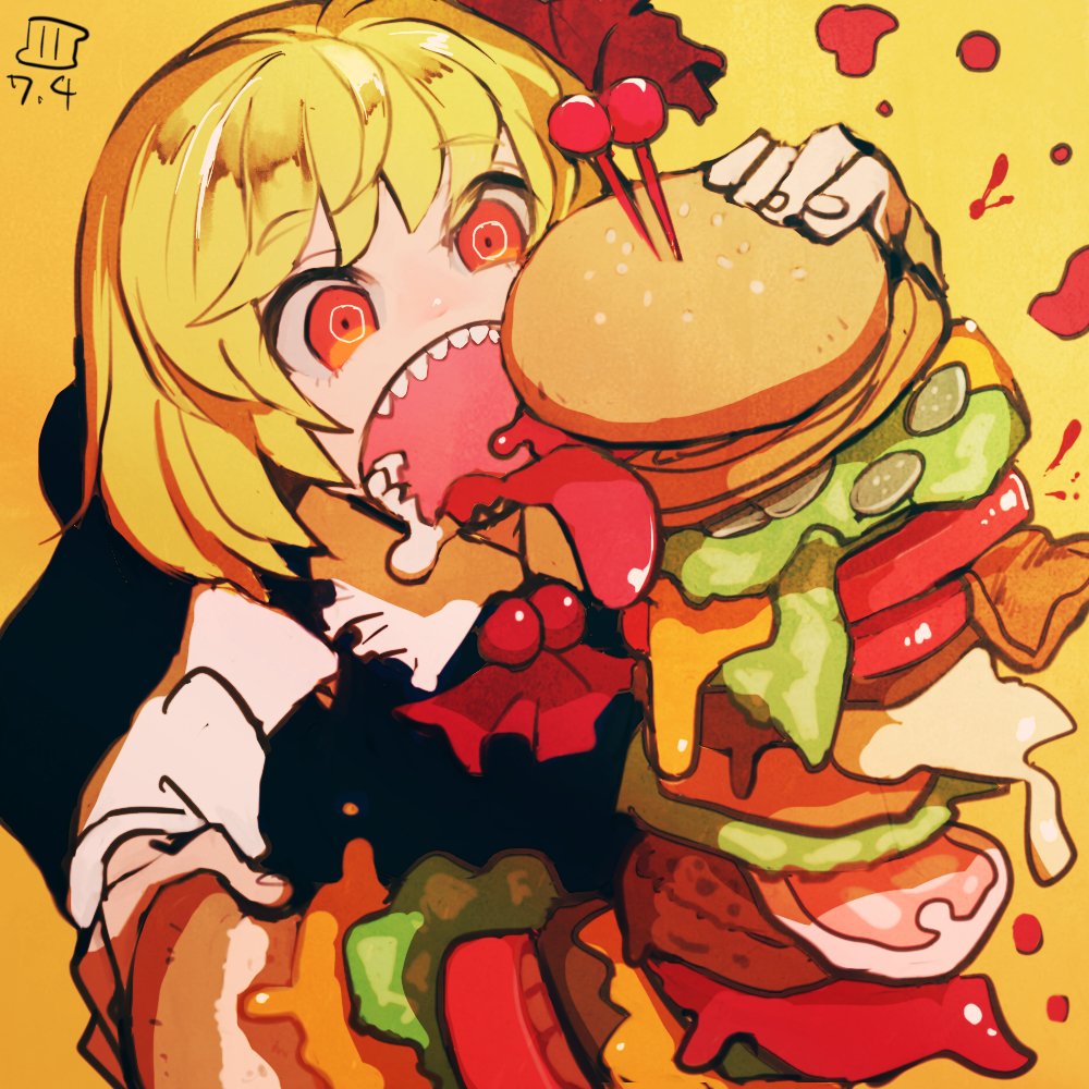 1girl, black_dress, blonde_hair, burger, commentary_request, dated, dress, drooling