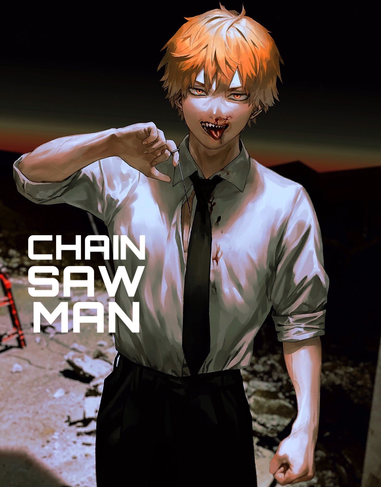 1boy, black_neckwear, black_pants, black_suit, blonde_hair, blood, business_suit, chainsaw_man