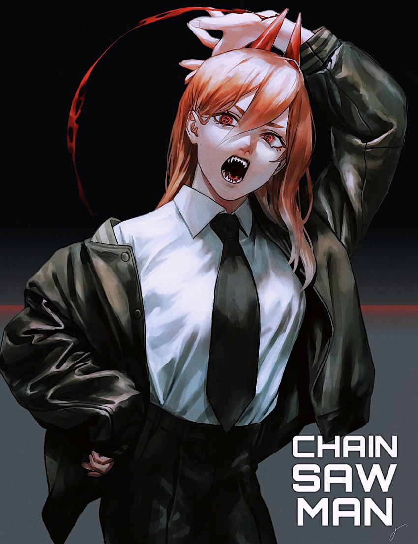 1girl, arm_behind_head, black_jacket, black_neckwear, black_pants, black_suit, blood, business_suit