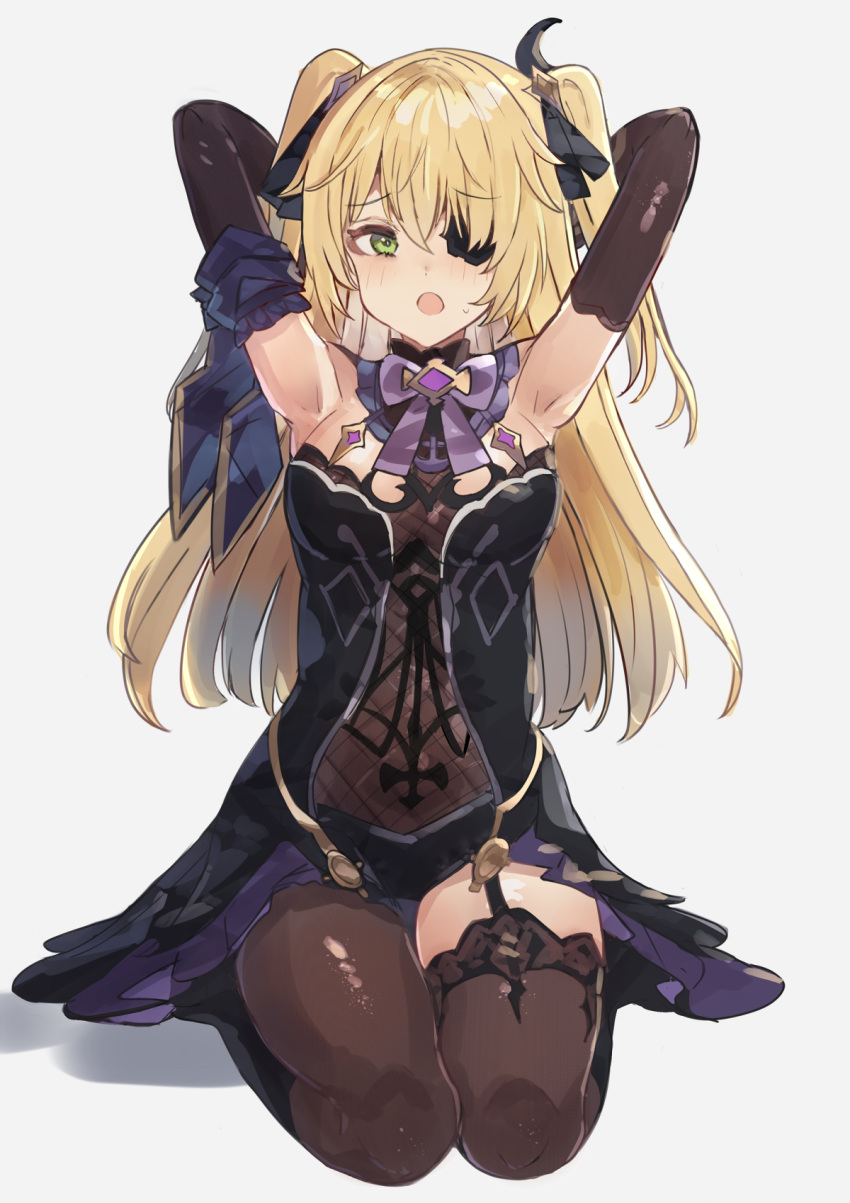 1girl, :o, armpits, arms_behind_head, arms_up, bangs, black_dress, black_ribbon, blonde_hair, blush, bow, bowtie, breasts, brown_gloves, brown_legwear, dress, elbow_gloves, eyebrows_visible_through_hair, eyepatch, fischl_(genshin_impact), full_body, garter_straps, genshin_impact, gloves, green_eyes, hair_ribbon, highres, long_hair, looking_at_viewer, medium_breasts, open_mouth, purple_bow, purple_neckwear, ribbon, seiza, sitting, solo, the_olphy, thigh-highs, two_side_up, very_long_hair