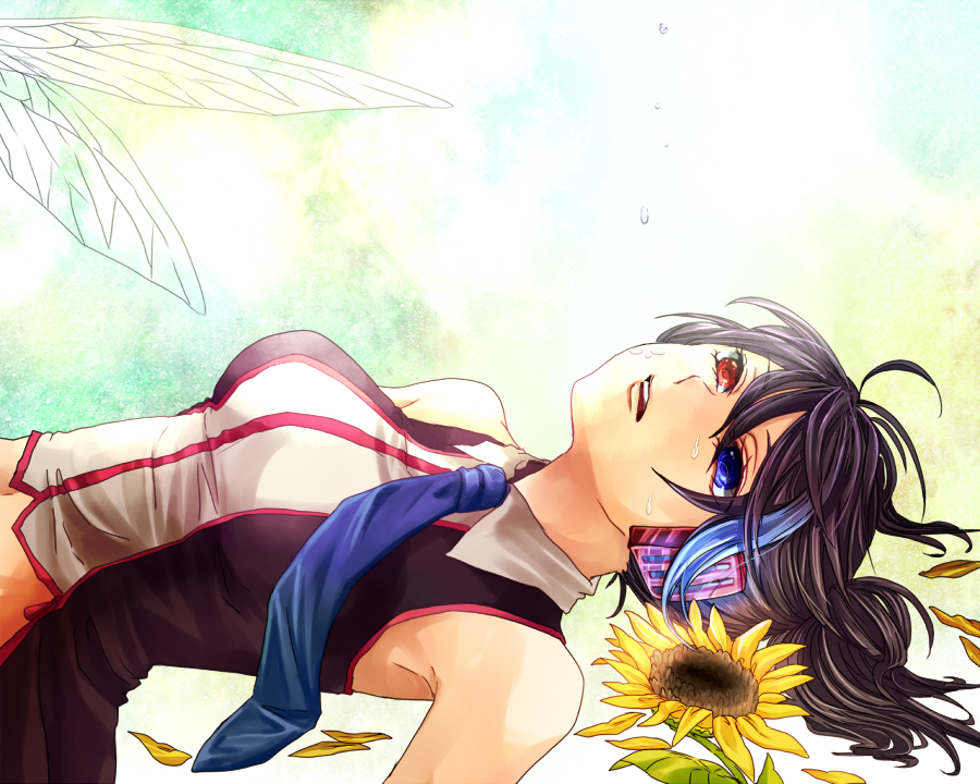 blue_eyes, flower, headphones, heterochromia, long_hair, lying, necktie, on_back, red_eyes, semaru, solo, sunflower, tears, twintails, utau, yokune_ruko