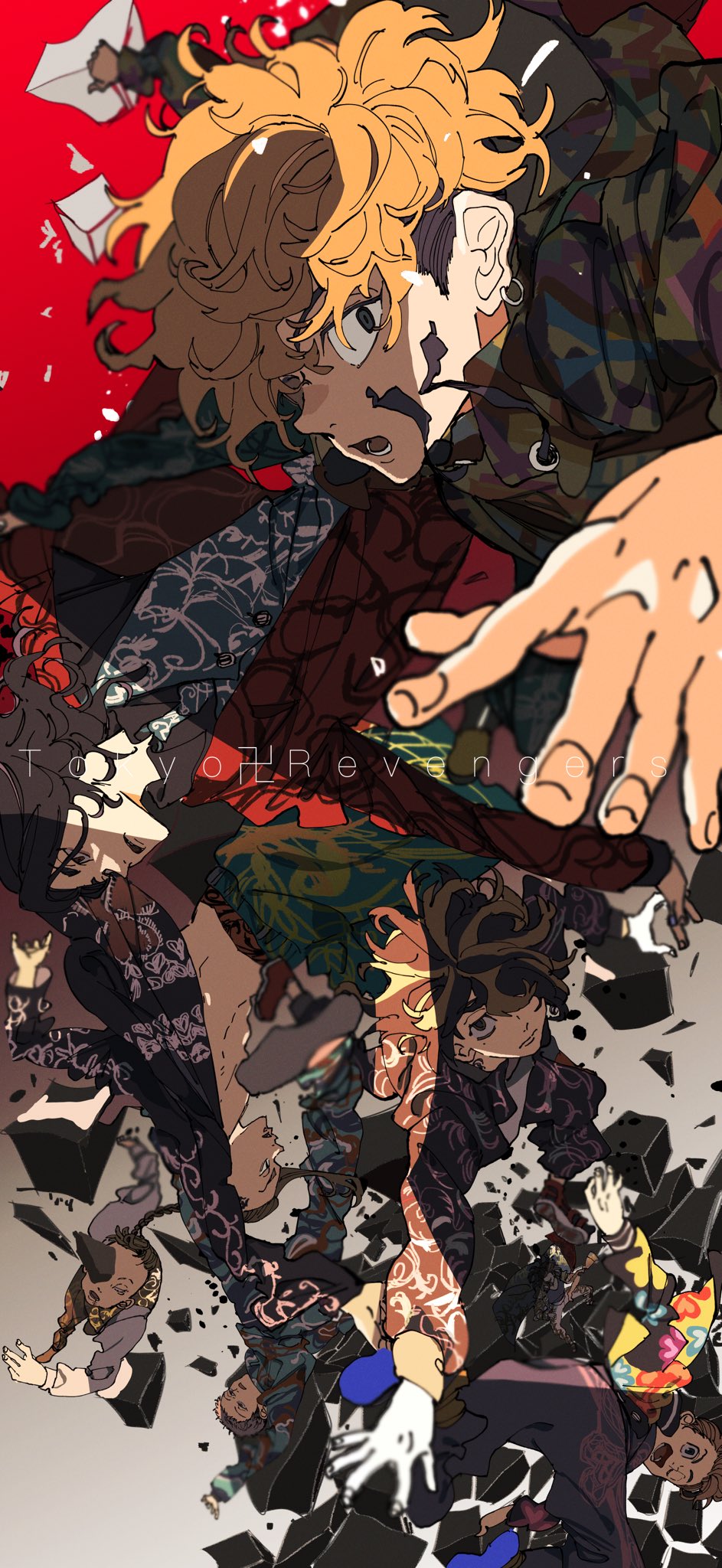 6+boys, baji_keisuke, black_hair, blonde_hair, closed_mouth, earrings, falling, hanagaki_takemichi