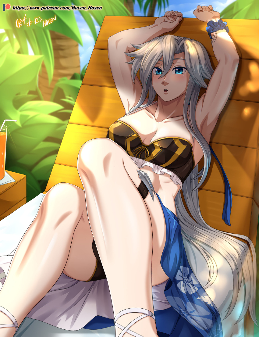 absurdres, armpits, arms_up, bikini, blue_eyes, brave_frontier, highres, juice, long_hair, looking_at_viewer, ribbon, sefia, swimsuit, thigh_strap, tropical, vilde_loh_hocen, white_hair, wrist_ribbon