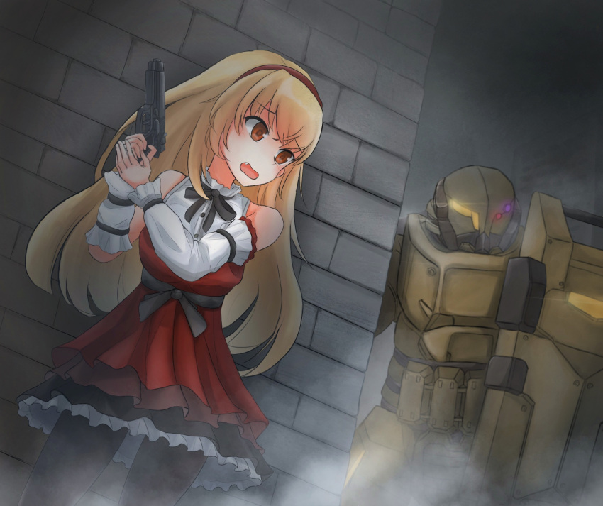 1girl, aegis_(girls_frontline), blonde_hair, brown_eyes, dress, girls_frontline, gun, handgun, highres, long_hair, m9_(girls_frontline), neibaru_83, pantyhose, pistol, robot, sleeveless, sleeveless_dress, very_long_hair, weapon