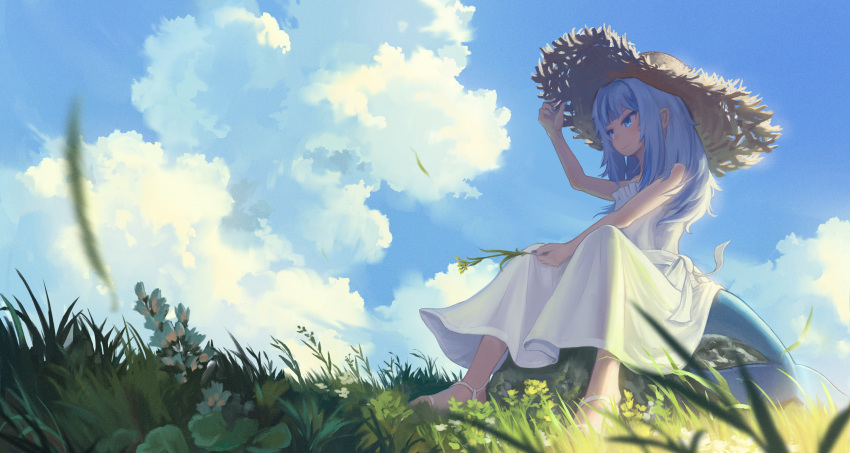 1girl, adjusting_clothes, adjusting_headwear, alternate_costume, alternate_hairstyle, blue_eyes, blue_hair, blue_sky