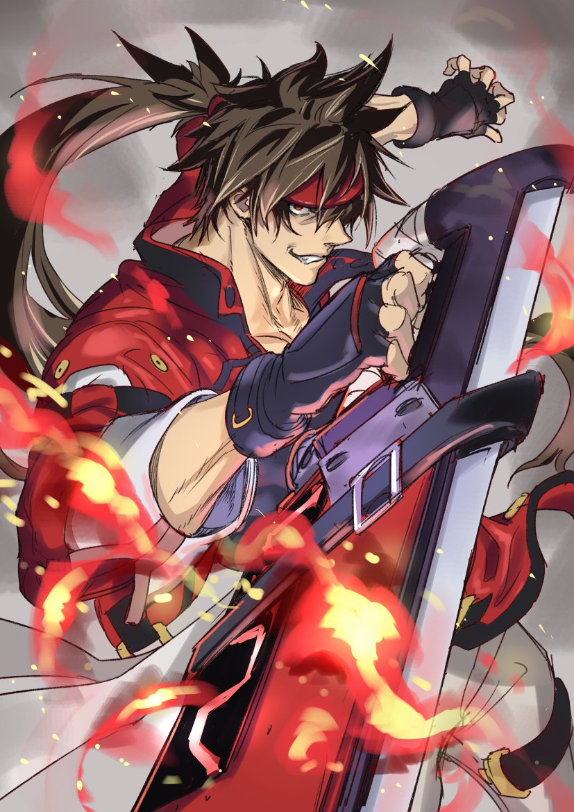 1boy, brown_hair, commentary_request, cowboy_shot, fingerless_gloves, fire, fireseal, forehead_protector