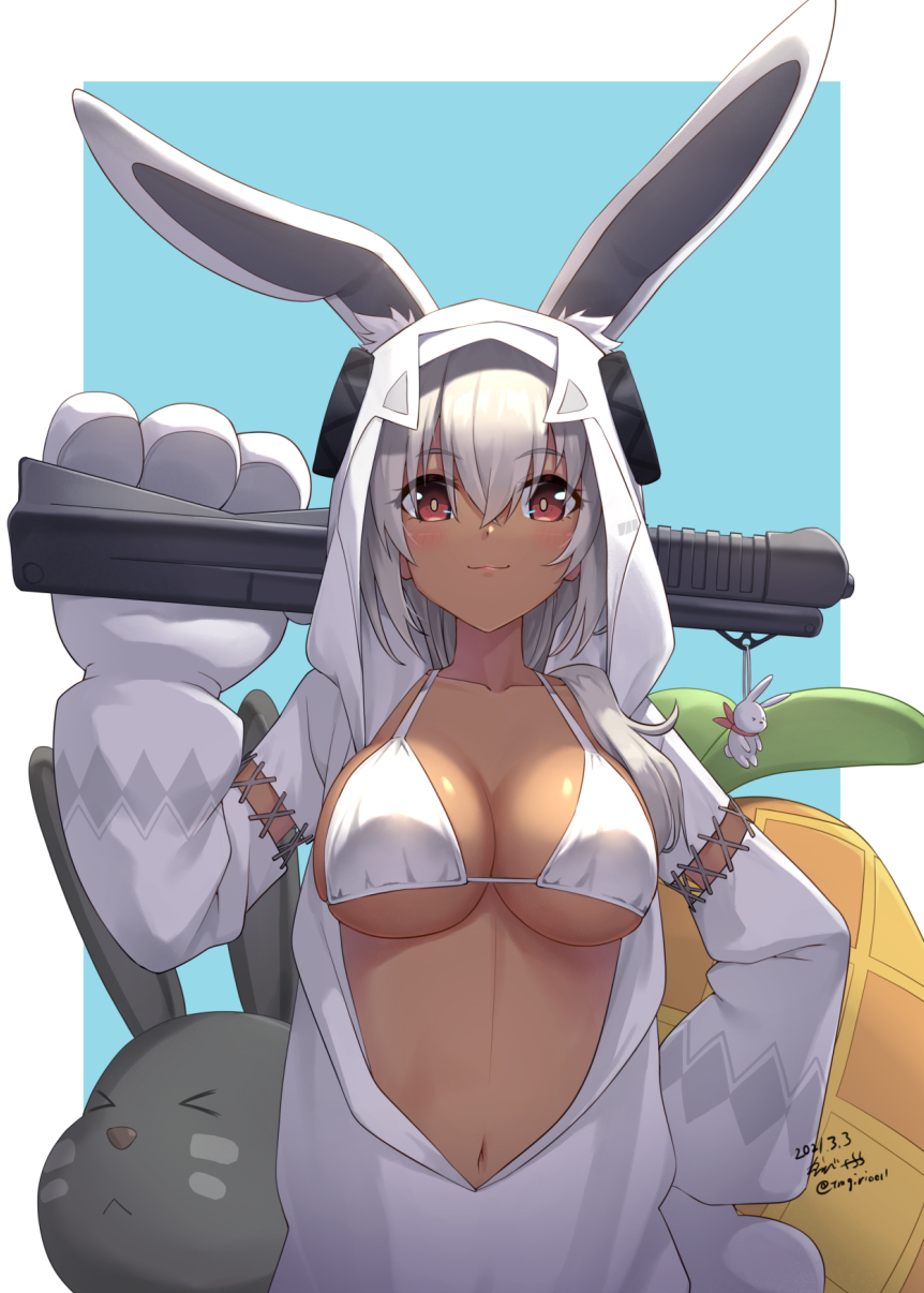animal_ears, blush, collarbone, cosplay, dark_skin, girls_frontline, highres, kigurumi