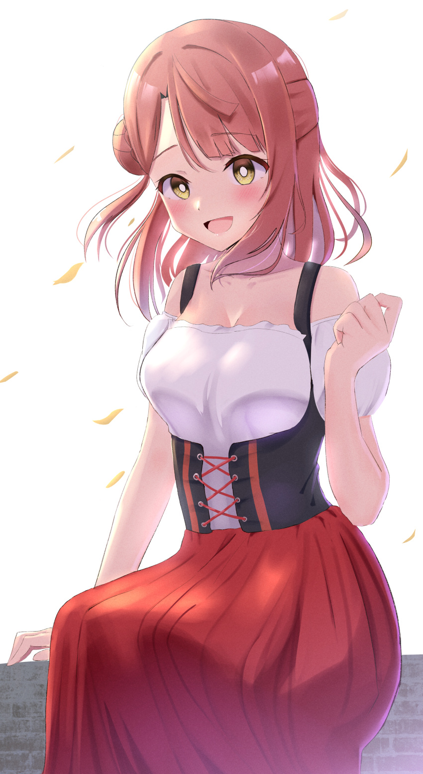 1girl, :d, absurdres, bangs, breasts, brick_wall, commentary_request, detached_sleeves