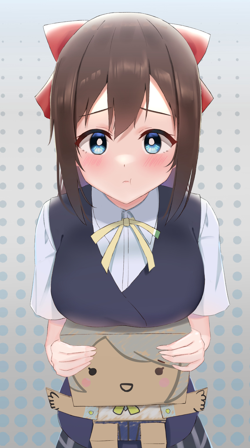 1girl, absurdres, bangs, black_vest, blue_eyes, blush, brown_hair, cardboard_cutout