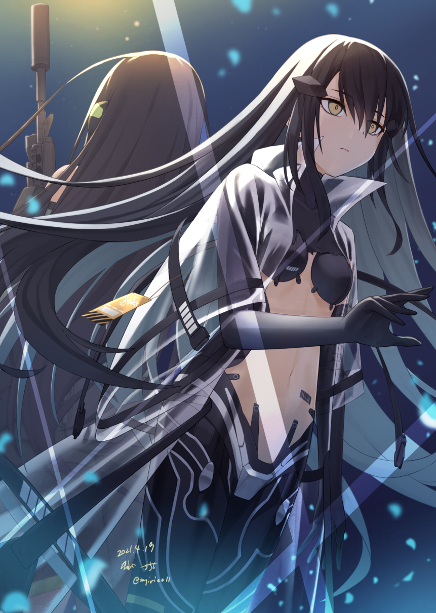 2girls, android, assault_rifle, back-to-back, barcode_tattoo, black_hair, brown_hair, girls_frontline