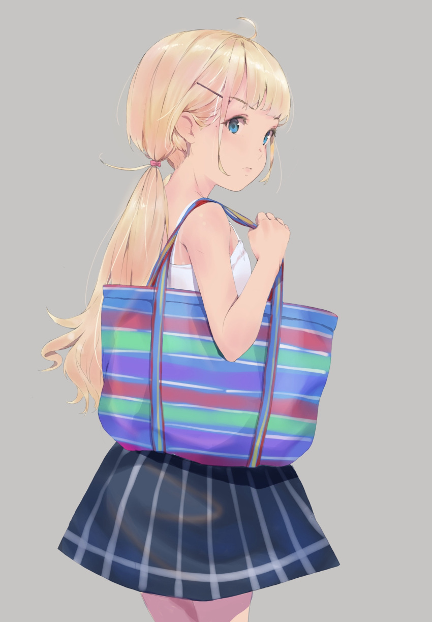 1girl, ahoge, andychen, bag, black_skirt, blonde_hair, blue_eyes, camisole
