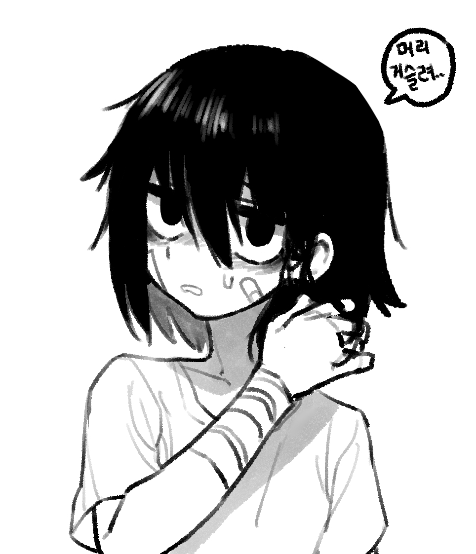 1boy, alternate_hair_length, alternate_hairstyle, bags_under_eyes, bandage_on_face, bandaged_arm, bandages, bandaid, bandaid_on_face, bbzkibodepnmb1p, greyscale, jitome, korean_text, lee_hoon, male_focus, medium_hair, monochrome, simple_background, solo, suicide_boy, white_background