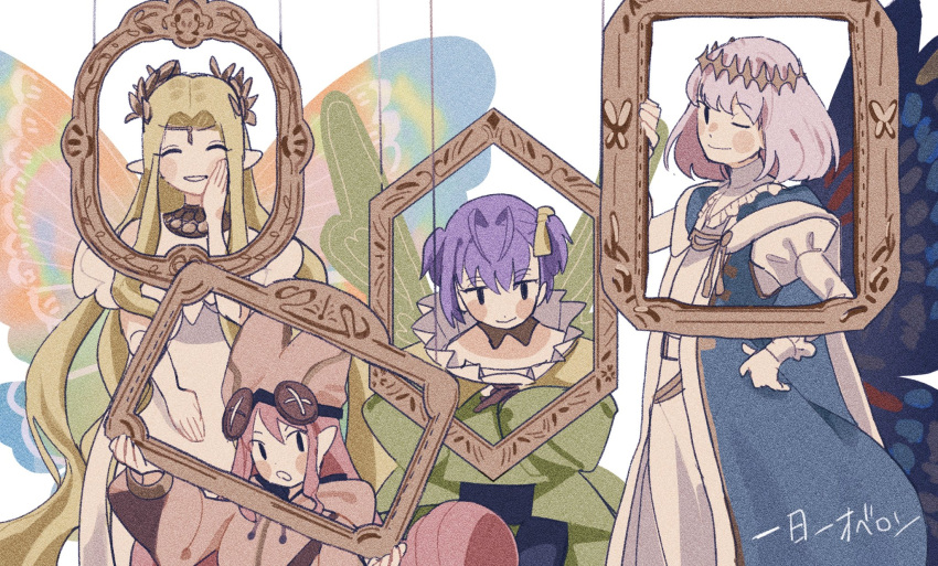 1boy, 3girls, antenna_hair, aurora_(fate), blonde_hair, butterfly_wings, cape, closed_eyes