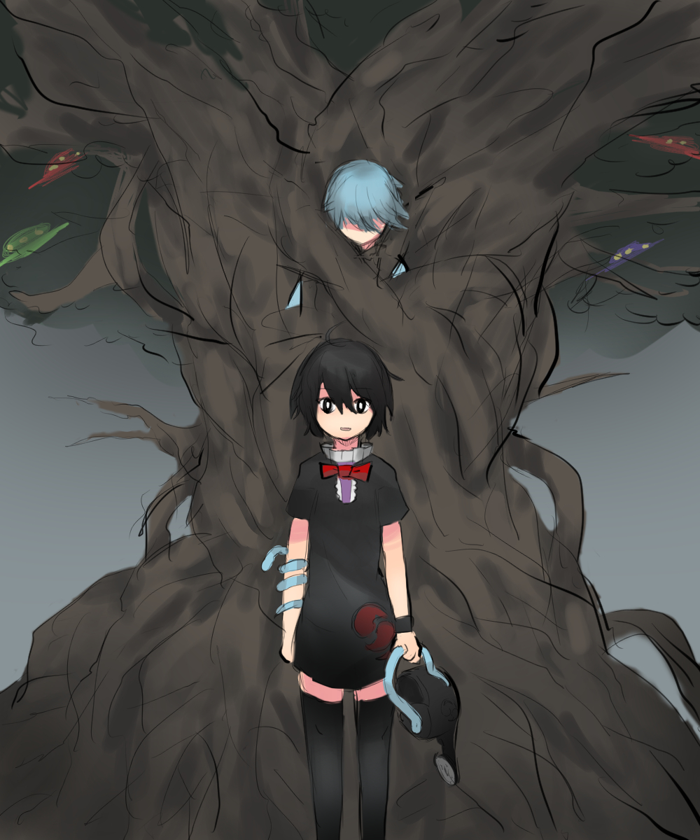 2girls, bangs, black_dress, black_eyes, black_hair, black_legwear, blue_hair, bow, bowtie, bright_pupils, center_frills, commentary_request, cookie_(touhou), dress, eyebrows_visible_through_hair, feet_out_of_frame, frilled_dress, frills, gaburin, grey_background, highres, holding, holding_watering_can, houjuu_nue, in_tree, looking_at_viewer, meimei_(cookie), mioto_(cookie), multiple_girls, open_mouth, red_bow, red_neckwear, short_dress, short_hair, short_sleeves, snake, tatara_kogasa, thigh-highs, touhou, tree, ufo, watering_can, white_pupils