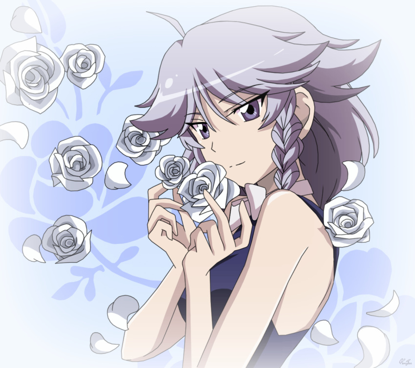 1girl, bangs, bare_shoulders, blue_background, blue_flower, blue_rose, bow, braid