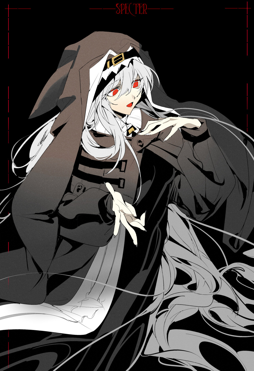 1girl, absurdres, arknights, bangs, black_background, black_headwear, black_robe, character_name