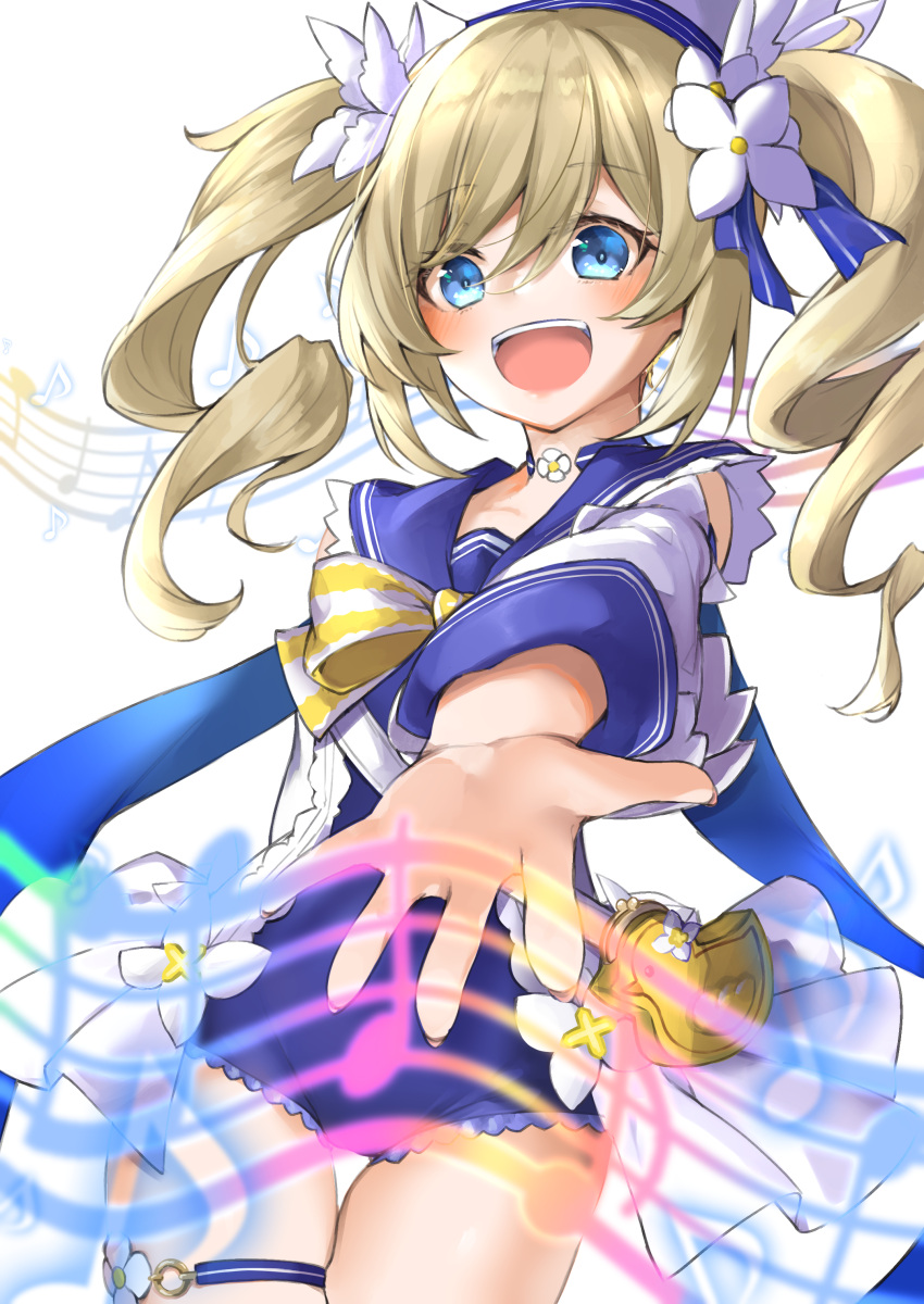 1girl, :d, absurdres, arm_behind_back, bag, bangs, barbara_(genshin_impact), barbara_(summertime_sparkle)_(genshin_impact)